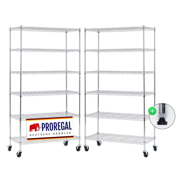 Zwei Drahtregale mit sechs Fachböden, inklusive Rollen und Nivellierfüßen. ProRegal Logo.