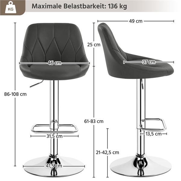 Abmessungen eines grauen Barstuhls mit Angaben zur maximalen Belastbarkeit