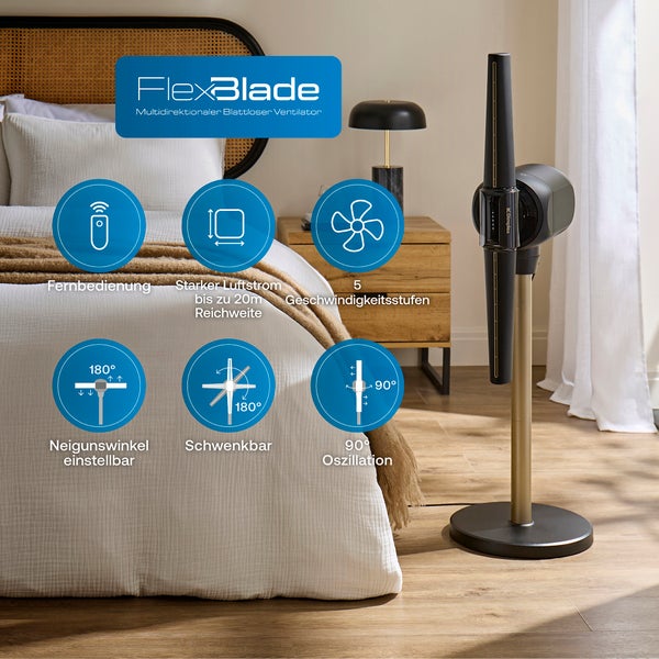 Blattloser Ventilator FlexBlade im hellen Schlafzimmer. Funktionen: Fernbedienung, 20 Meter Reichweite, 5 Stufen, 180 Grad Neigung, 90 Grad Oszillation.