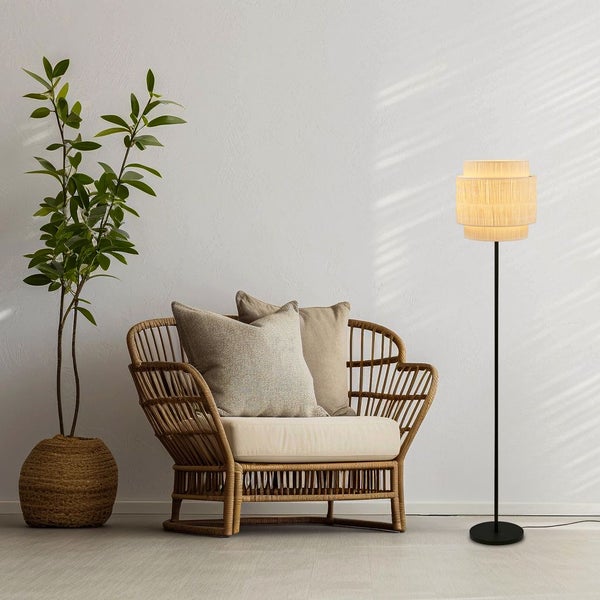 Briloner Papper Stehlampe, Bastschirm, Ein/Aus Fußtaster, Boho-Stil, E27 Fassung, Natur, Ø30 x 165 cm