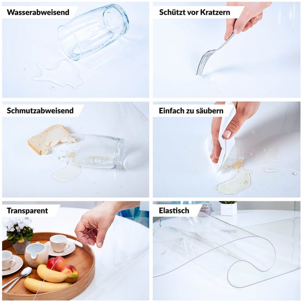 Transparente Tischschutzfolie, wasserabweisend, kratzfest, schmutzabweisend, einfach zu reinigen und elastisch.