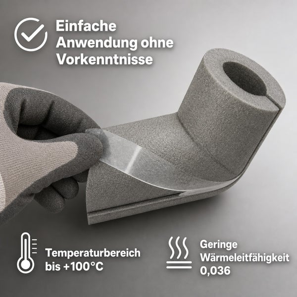 Rohrisolierung aus Schaumstoff mit selbstklebendem Verschluss für einfache Montage, temperaturbeständig bis 100 Grad Celsius.