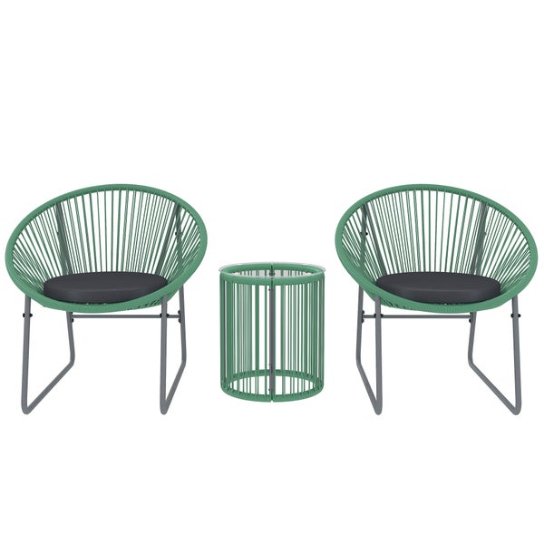 Outsunny Polyrattan Gartenmöbel Set, Outdoor Lounge Balkonmöbel für 2 Personen, 3-teilig Bistroset Sitzgruppe mit 2 Stühle, Beistelltisch, Kissen, wetterfest Gartenlounge für Garten, Balkon, Grün
