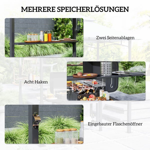 Outsunny Grillpavillon mit LED 243 x 148 x 248 cm wasserdicht flammhemmend Gartenpavillon mit Doppeldach,Seitenregalen, Gartenlauben mit UV-Schutz, BBQ Pavillon aus Metall Grillzelt für Party BBQ Grau
