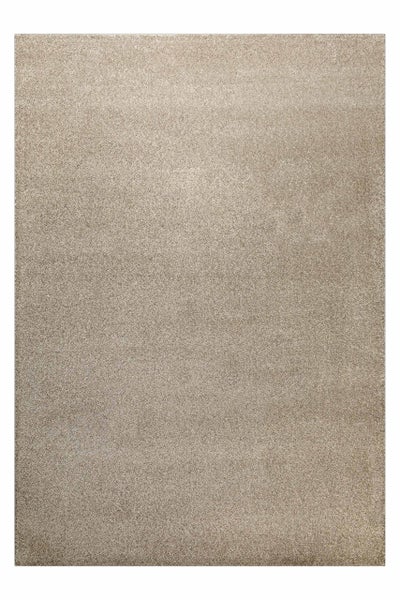 Rechteckiger Hochflor-Teppich in Beige mit weicher Oberfläche.