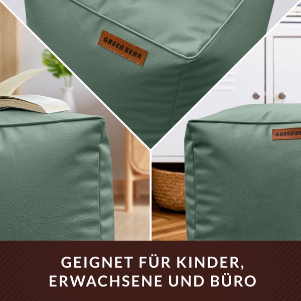 Detailansicht eines grünen Sitzwürfels mit Lederetikett und dem Schriftzug Green Bean
