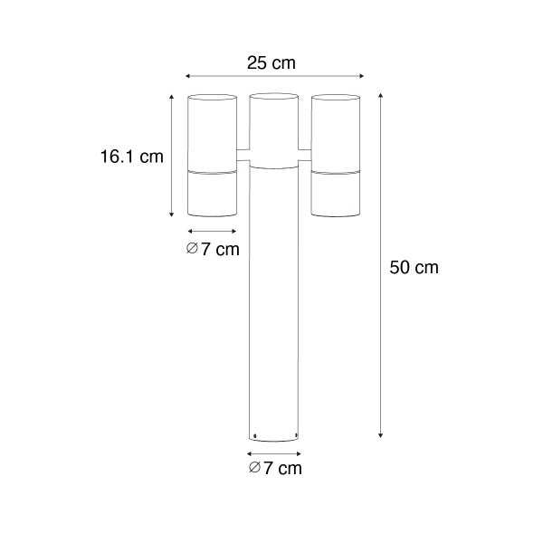 Technische Zeichnung einer 3-flammigen Außen-Sockelleuchte mit Maßen: Höhe 50 Zentimeter, Breite 25 Zentimeter, Durchmesser 7 Zentimeter.