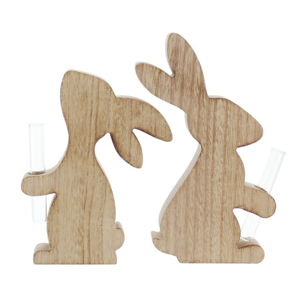 FRANK FLECHTWAREN | Hase mit Vase, 2er Set, HOLZ, 14 x 2 x 18 cm, 15 x 2 x 22 cm, ohne Blumen