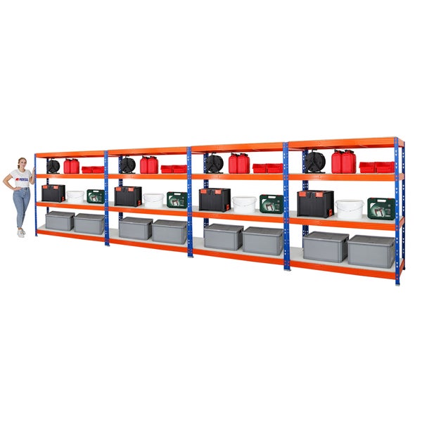 PROREGAL Mega Deal 4x Profi Schwerlastregal Rhino HxBxT 180 x 160 x 60 cm 4 Melamin-Ebenen 16mm Fachlast 500 kg Blau-Orange