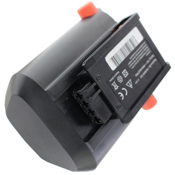 Lithium-Ionen-Akkupack für Elektrowerkzeuge aus schwarzem Kunststoff mit roten Entriegelungsknöpfen und Kontaktleiste.