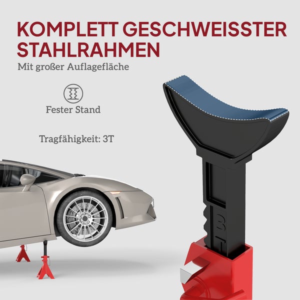 Unterstellbock mit komplett geschweißtem Stahlrahmen, großer Auflagefläche und 3 Tonnen Tragfähigkeit zur Fahrzeugunterstützung.