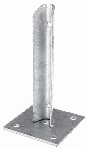Pfostenträger mit Bodenplatte aus verzinktem Stahl zur stabilen Montage von Holzpfosten.