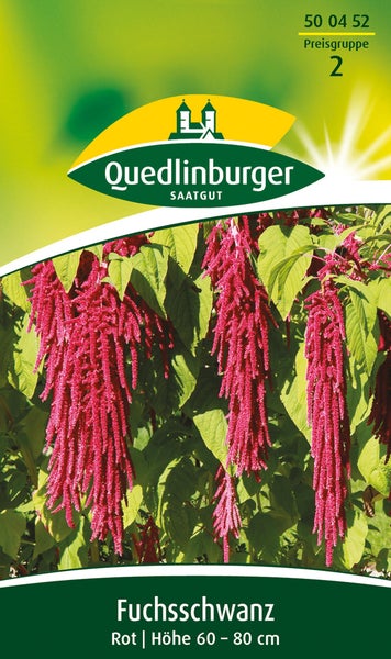 Samenpackung für Fuchsschwanz von Quedlinburger Saatgut mit hängenden roten Blütenständen, Höhe 60 bis 80 Zentimeter. Quedlinburger Saatgut Logo.