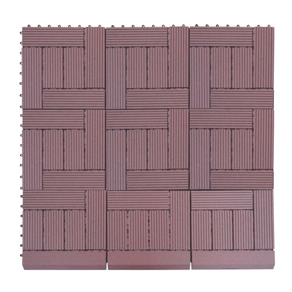 Braune Terrassenfliesen aus Holz-Kunststoff-Verbundwerkstoff mit Klick-System, Flechtmuster und Abschlusskanten.