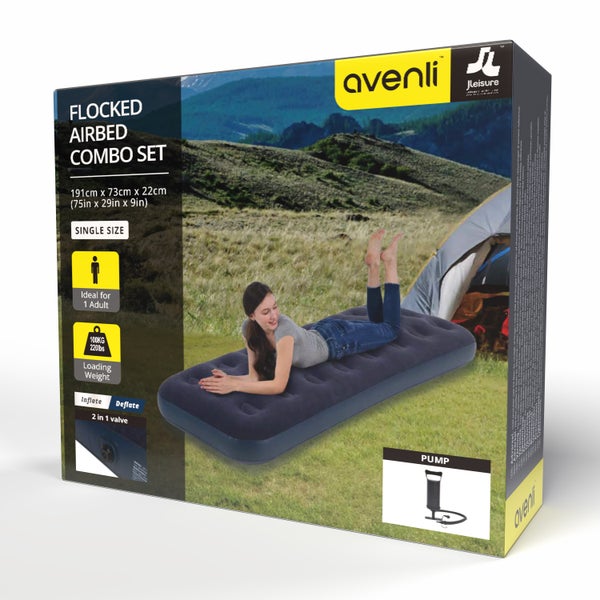 Avenli Flocked Airbed Combo Set, Einzel-Luftbett, 191 mal 73 mal 22 Zentimeter, inklusive Luftpumpe und 2 in 1 Ventil, belastbar bis 100 Kilogramm.