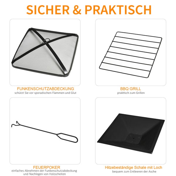 Outsunny 3-in-1 Feuerschale Feuerkorb Feuerstelle mit Funkenschutz Grillrost Eiskübel Garten BBQ Schwarz 76cm x 76cm x 47cm
