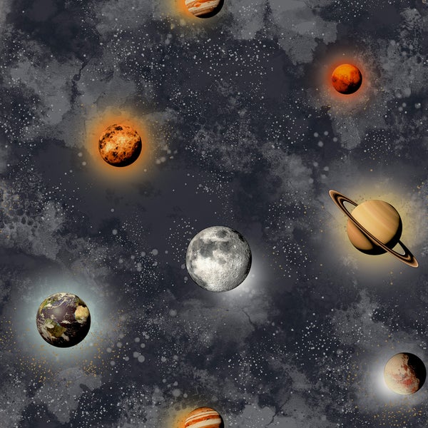 Tapete mit Sonnensystem-Muster, Planeten wie Erde, Saturn und der Mond auf einem sternenbesetzten Hintergrund.