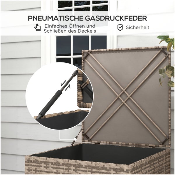 Outsunny Polyrattan Auflagenbox, Kissenbox mit Deckel, 75 x 75 x 70 cm, Stahl, PE-Rattan, Sand