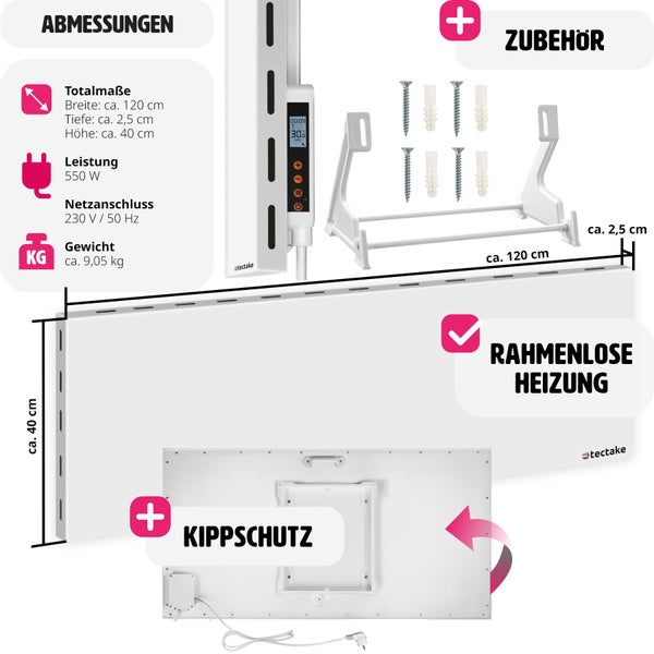 Abmessungen und Zubehör der Tectake Infrarotheizung, rahmenlose Heizung mit Kippschutz.