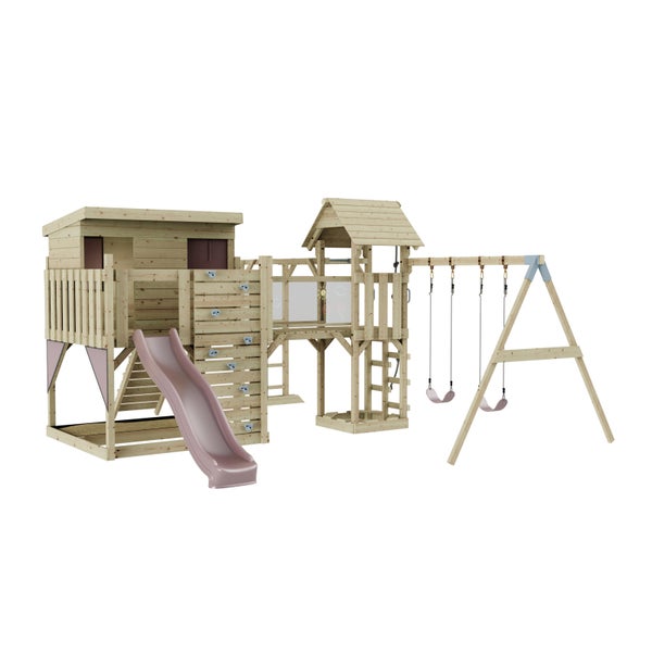 Spielturm aus Holz mit Rutsche, Schaukel und Kletterwand für den Garten