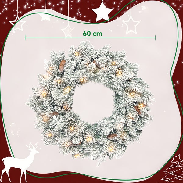 Weihnachtskranz künstlich, beschneit, mit Zapfen und LED-Beleuchtung, Durchmesser 60 Zentimeter.