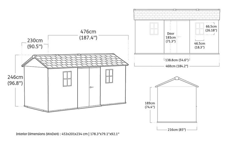 Maßzeichnung Gartenhaus mit Satteldach und Doppeltür, Außenmaße 476 mal 230 Zentimeter, Innenmaße 453 mal 201 Zentimeter, Gesamthöhe 246 Zentimeter.