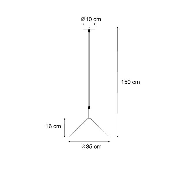 Technische Zeichnung einer Pendelleuchte mit den Maßen: Durchmesser des Baldachins 10 cm, Durchmesser des Lampenschirms 35 cm, Höhe des Lampenschirms 16 cm, Gesamthöhe 150 cm.