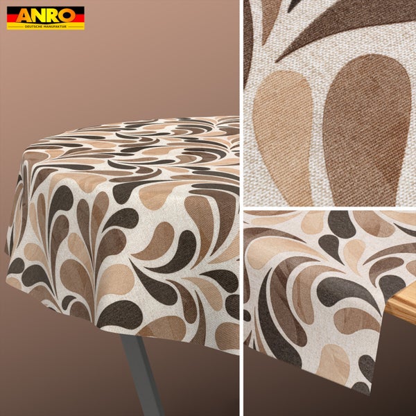 Abwaschbare Tischdecke in Braun und Beige mit Tropfenmuster in Textiloptik, rund und eckig, Detail der Textur, Anro Logo.