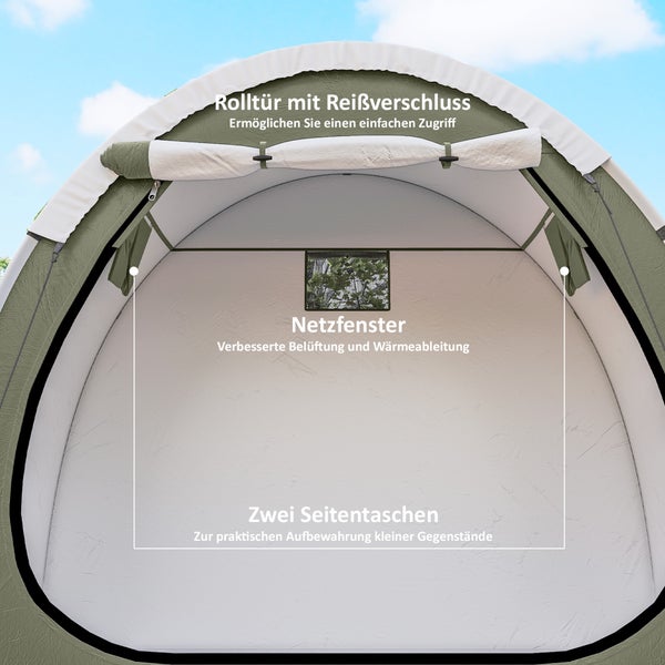 Innenansicht eines Folientunnels mit aufgerollter Reißverschlusstür, Netzfenster zur Belüftung und zwei seitlichen Aufbewahrungstaschen.