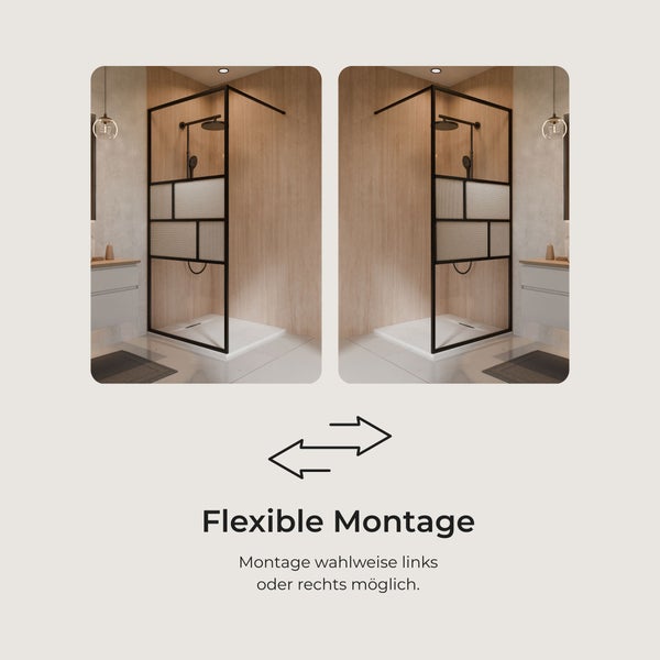 Begehbare Duschwand mit schwarzem Rahmen und dekorativem Glas, flexible Montage links oder rechts in einem modernen Badezimmer möglich.