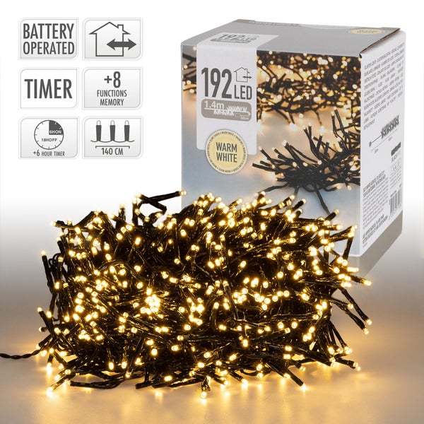 ECD Germany LED Cluster Lichterkette 1,4 m 192 LED Warmweiß, batteriebetrieben, Timer & 8 Modi, Innen/Außen, Weihnachtsbeleuchtung Weihnachtsbaum Büschel Lichterkette Büschellichterkette Büschelkette