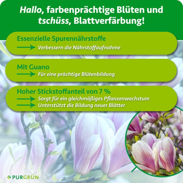 Infografik zum Purgruen Pflanzenduenger mit Guano und Stickstoff fuer Bluetenbildung und Pflanzengesundheit bei Bluetenpflanzen.