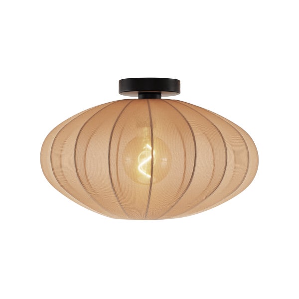 Deckenleuchte mit ovalem Stoffschirm in Beige und schwarzer Metallhalterung.