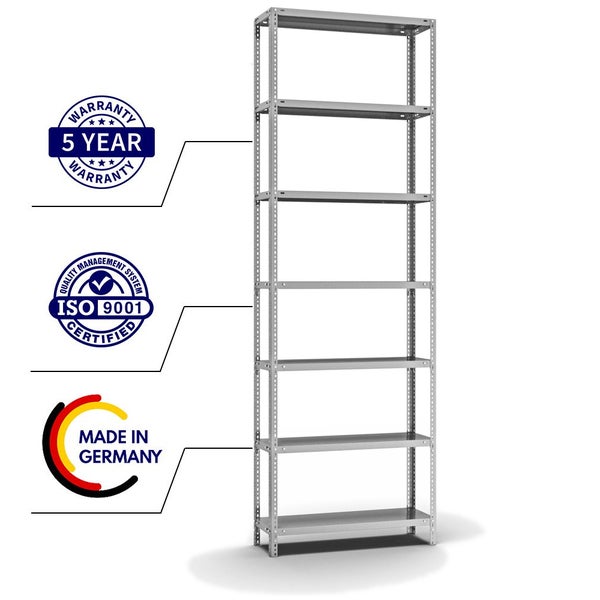 PROREGAL Fachbodenregal Schraubsystem Medium-Duty Grundregal HxBxT 300 x 100 x 30 cm 7 Ebenen Fachlast 200 kg Beidseitig Nutzbar Verzinkt