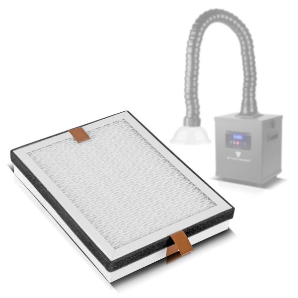 Rechteckiger Faltenfilter für Absauganlage mit weißem Rahmen, schwarzer Dichtung und Laschen zum Herausziehen.