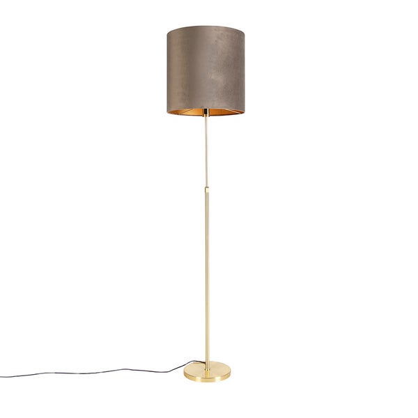 QAZQA - Landhaus I Vintage I Rustikal Stehleuchte I Stehlampe I Standleuchte I Lampe I Leuchte Gold I Messing I messing mit Samtschirm taupe 40I40 cm - Parte I Wohnzimmer I Schlafzimmer - Stahl Zylind