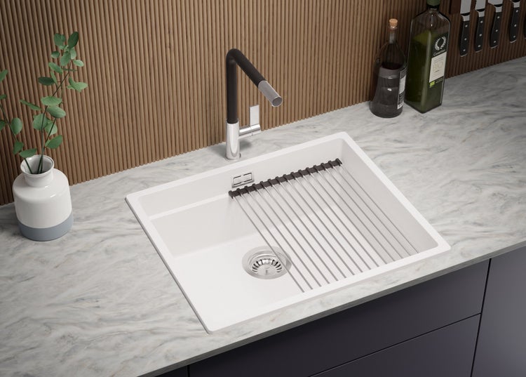 PRIMAGRAN Spülbecken Weiß 56x47cm, Granitspüle 1 Becken + Ablauf-Set + Aufrollbare Abtropffläche, Küchenspüle ab 60er Unterschrank - Praga Slim