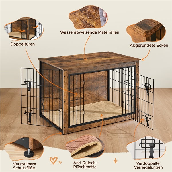 Hundebox mit Doppeltüren, wasserabweisenden Materialien, abgerundeten Ecken, verstellbaren Schutzfüßen, Anti-Rutsch-Plüschmatte und doppelten Verriegelungen