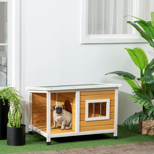 PawHut Hundehütte, Tannenholz, Hundehaus mit Terrasse und aufklappbarem Asphaltdach, Hütte für kleine Hunde, Indoor, Outdoor, wetterfest, Orange, 85,5 x 62 x 60 cm