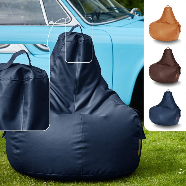 Green Bean Sitzsack aus Kunstleder mit EPS Perlen Füllung - 90 x 80 x 70 cm - Bean Bag Sitzkissen Sitzpuff Sitzsessel Bodenkissen Lounge Gaming Chair Rückenlehne - Dunkelblau