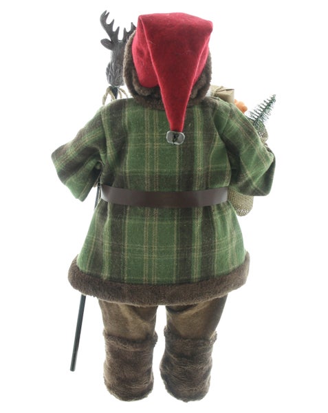 Dekorative Weihnachtsmannfigur mit grün karierter Jacke, roter Mütze und einem Stab mit Hirschkopf