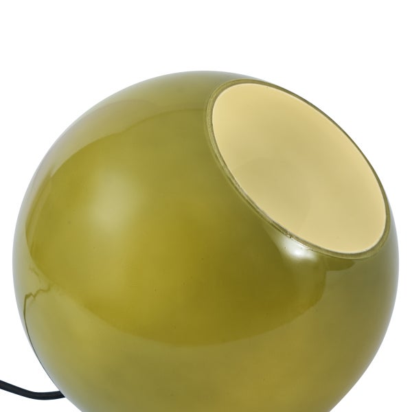 Kugelförmige Tischleuchte in Olivgrün mit glänzender Oberfläche und cremefarbener Aussparung.