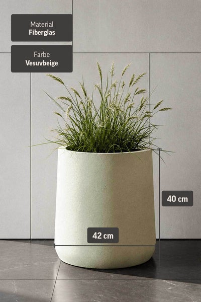Rundes Pflanzgefäß aus Fiberglas in Beige, Durchmesser 42 Zentimeter, Höhe 40 Zentimeter, bepflanzt mit Ziergras.