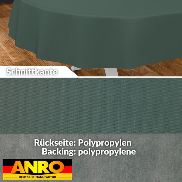 ANRO Tischdecke mit Schnittkante, Detailansicht der Oberflächenstruktur und Rückseite aus Polypropylen, ANRO Logo.