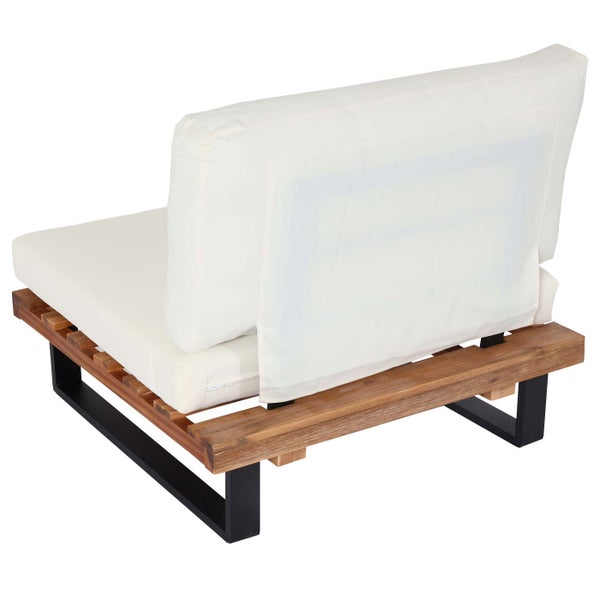 Loungesessel mit Holzrahmen, schwarzen Metallfüßen und weißen Polstern, Rückansicht.