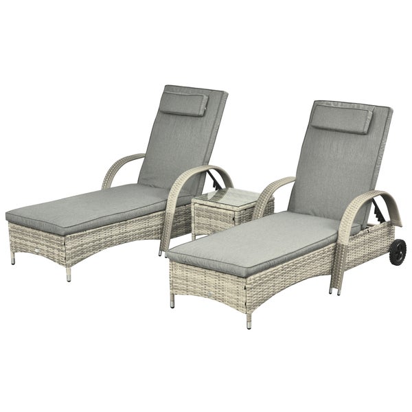 Outsunny Sonnenliege Gartenliege Tisch 3er-Set Gartenmöbel, Polyrattan+Metall Grau