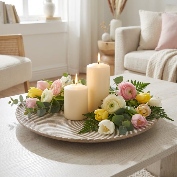 Zwei brennende Stumpenkerzen dekoriert mit Tulpen und Ranunkeln auf einem strukturierten runden Dekotablett in einem hellen Wohnzimmer.