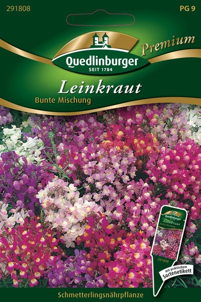 Samentüte für Leinkraut Bunte Mischung von Quedlinburger Logo, Schmetterlingsnährpflanze inklusive Sortenetikett.