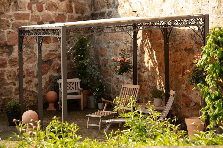 Pergola ELEO Sardegna 3 x 4 m schwarz - pulverbeschichtet | mit Sonnensegel ecru
