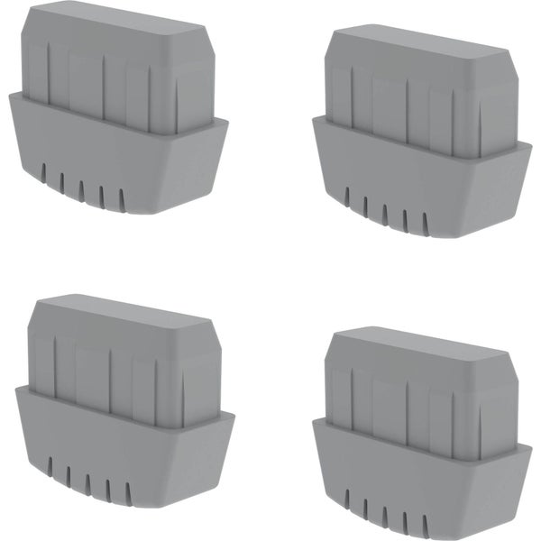 Vier graue Möbelgleiter aus Kunststoff für rechteckige Stuhlbeine.